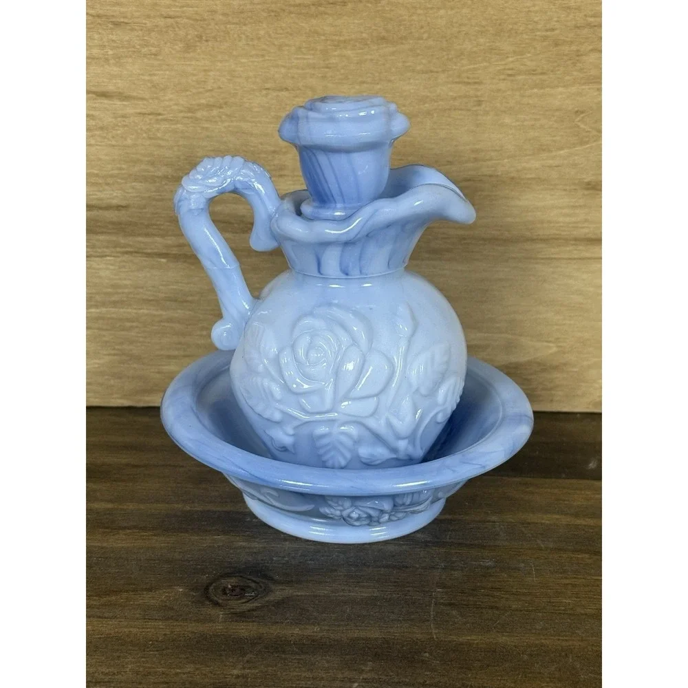 VTG Avon Blue Glass‎ Pitcher Bowl Soap Set Blue Slag Milk Glass W/ Original Soap